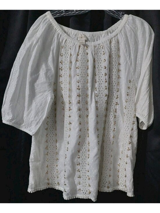 Chico's Tops - Chicos Shirt Front White Gold Sequins Size 2 Blouse Large